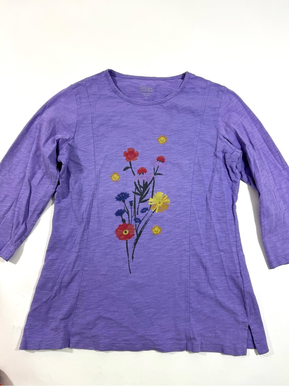 Vermont Country Store Slub Tunic Tee Shirt Purple Floral Graphic